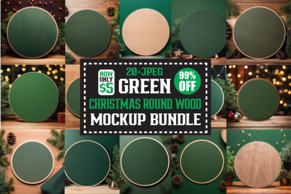Christmas Green Round Wood Mockup Bundle for Graphics and Christmas Amp