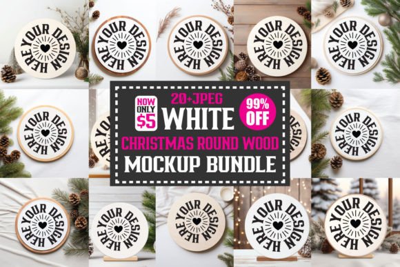 Christmas White Round Wood Mockup Bundle for Graphics and Christmas Amp