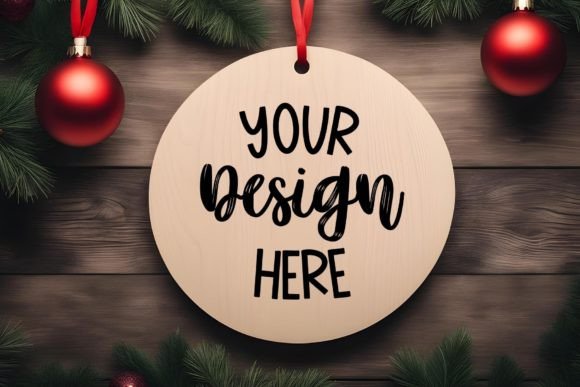 Christmas Wood Round Sign Mockup for Graphics and Christmas Amp