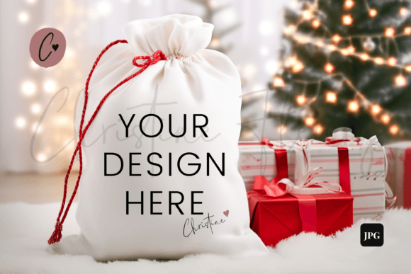 Santa Sack Mockup Red Drawstring Graphics for Christmas Amp Projects